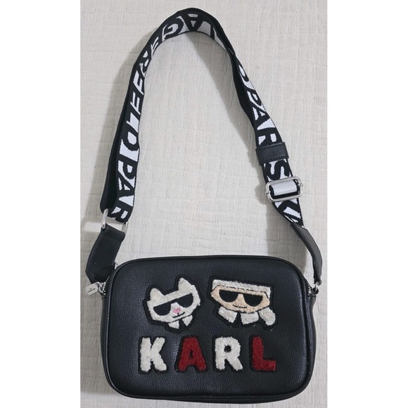 NEW Karl Lagerfeld Paris Black Leather Purse Tote Crossbody Bag Adjustable - Picture 1 of 6